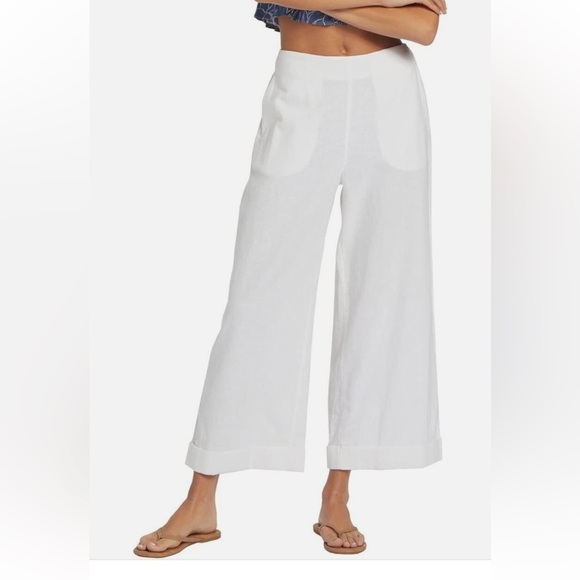 Roxy White Linen Blend Wide Leg Pants M | Beachy Elastic Waist Resort Style - Picture 2 of 9
